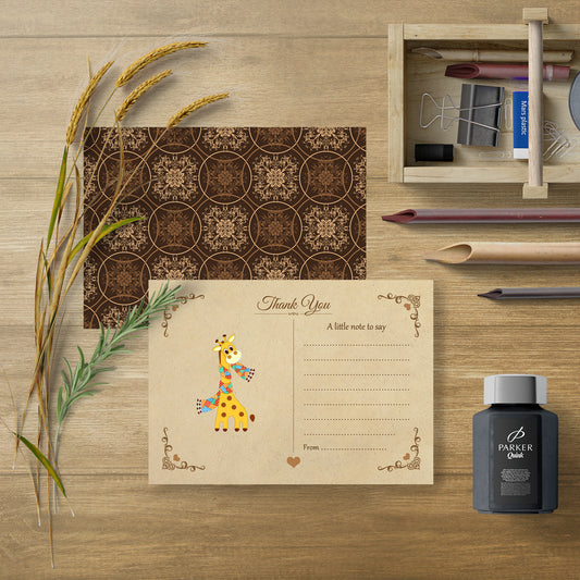 Vintage Giraffe Thank You Note Cards With Brown Kraft Envelopes - Pack of 20