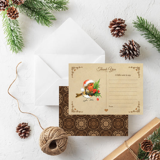 Vintage Fun Robin Christmas Thank You Note Cards With White Envelopes - Pack of 20