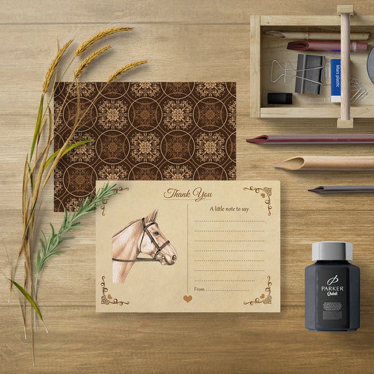 Vintage Horse Thank You Note Cards With Brown Kraft Envelopes - Pack of 20