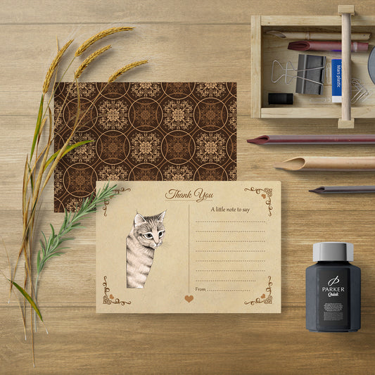 Vintage Kitten Thank You Note Cards With Brown Kraft Envelopes - Pack of 20