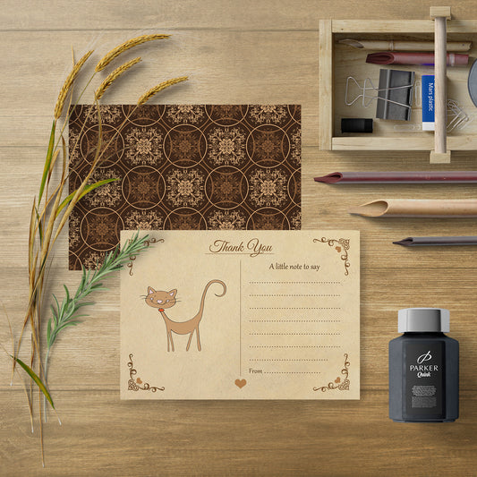 Vintage Cat Thank You Note Cards With Brown Kraft Envelopes - Pack of 20