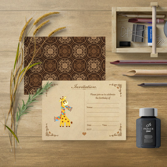 Vintage Giraffe Birthday Invitations With Brown Kraft Envelopes - Pack of 20
