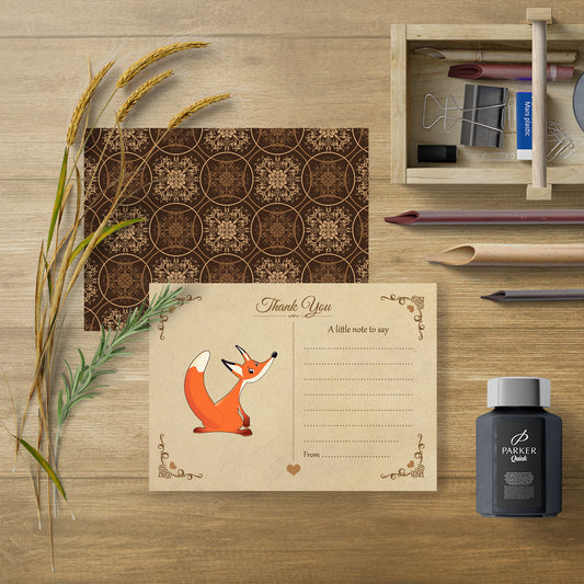 Vintage Fox Thank You Note Cards With Brown Kraft Envelopes - Pack of 20