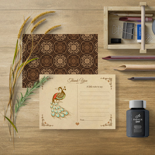 Vintage Peacock Thank You Note Cards With Brown Kraft Envelopes - Pack of 20