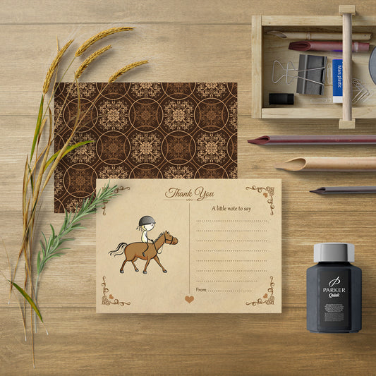 Vintage Equestrian Thank You Note Cards With Brown Kraft Envelopes - Pack of 20