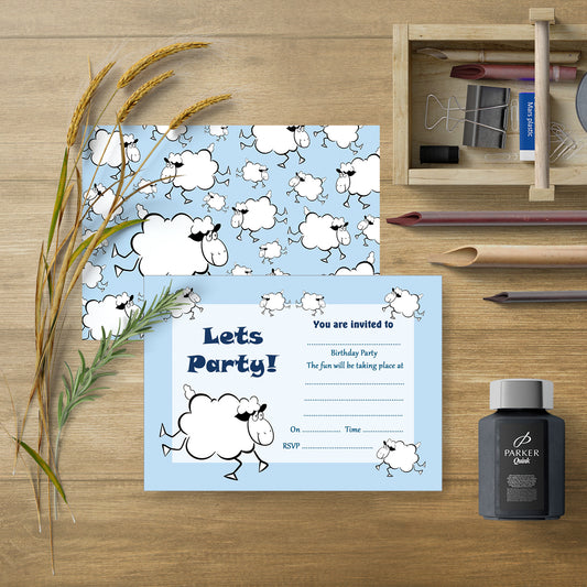 Sheep Birthday Party Invitations With White Envelopes - Pack of 20