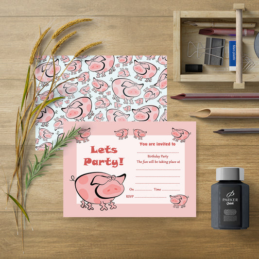 Fun Pigs Birthday Party Invitations With White Envelopes - Pack of 20
