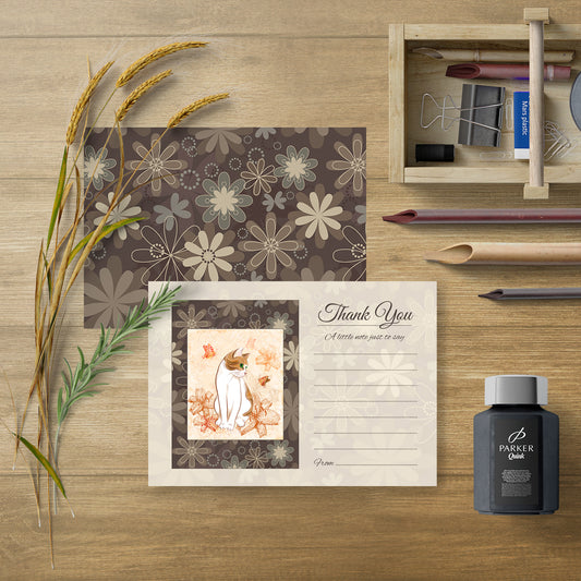 Cat And Flowers Thank You Note Cards - White Envelopes - Pack of 20