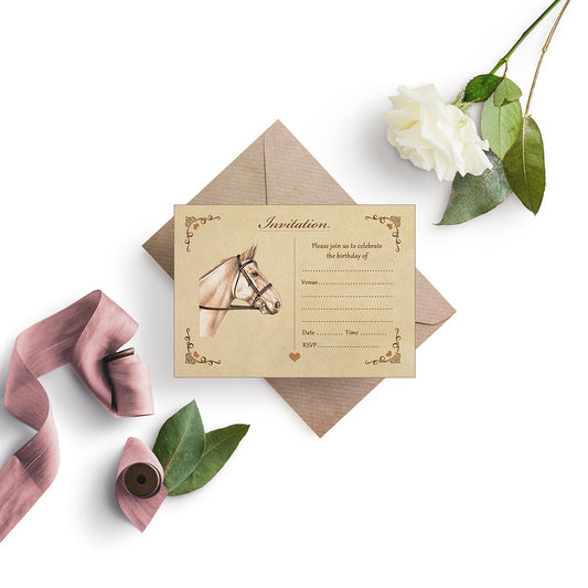 Vintage Horse Birthday Invitations With Brown Kraft Envelopes - Pack of 20